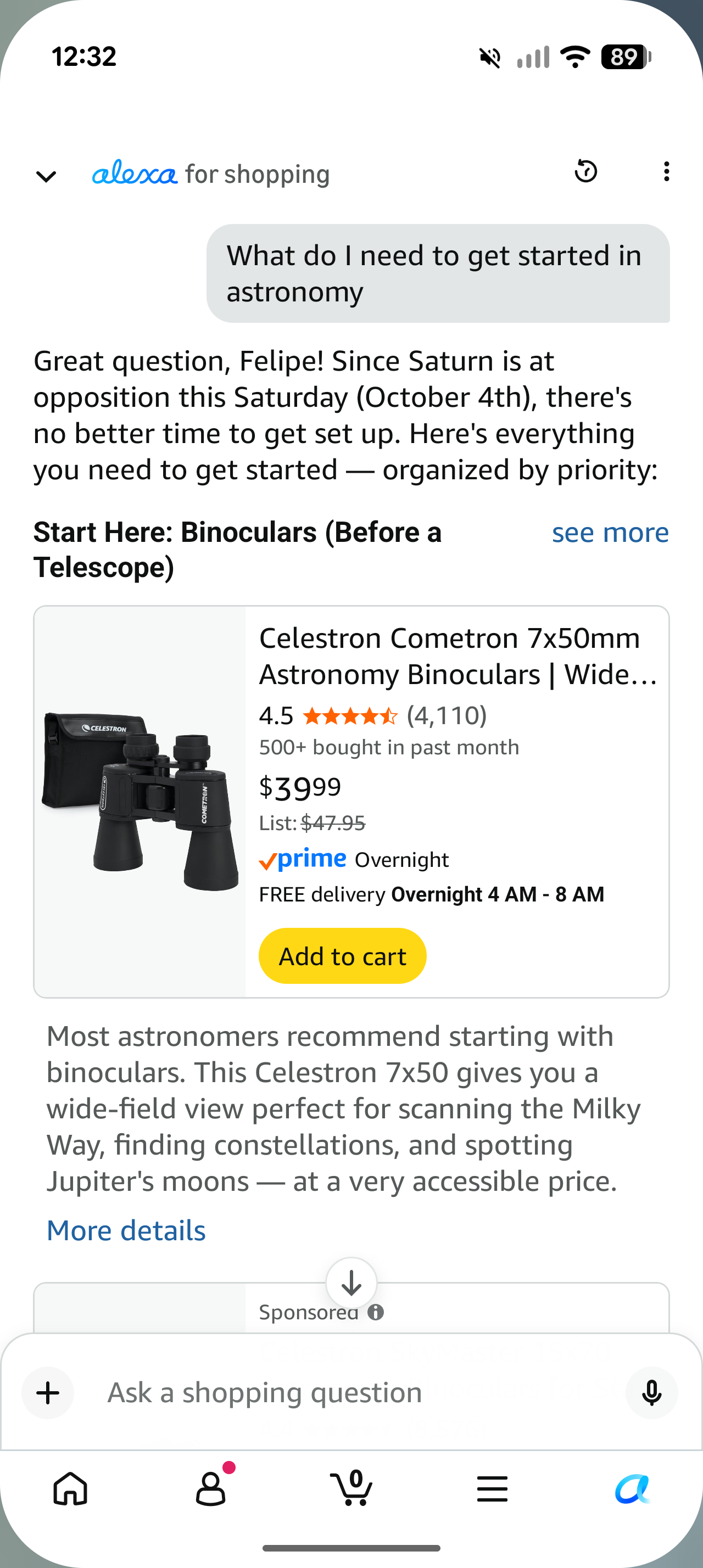 Alexa for Shopping recommending astronomy binoculars with product details and an add-to-cart control