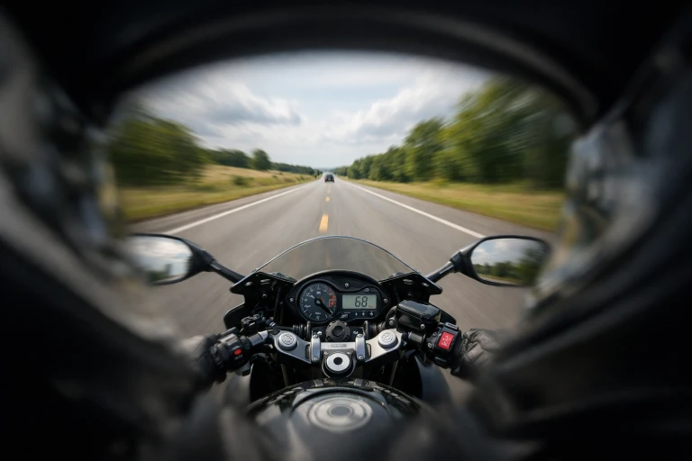 Illustrative view from inside a motorcycle helmet, with a clear road center and blurred periphery