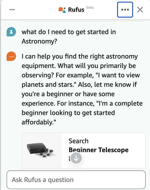 Rufus beta asking follow-up questions about getting started in astronomy