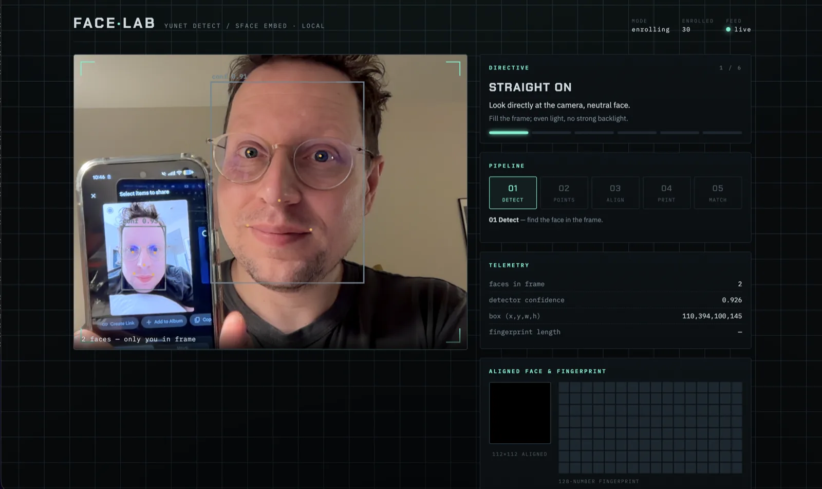 face lab: a facial-recognition interface detecting a face on a live camera feed, with pipeline and telemetry panels