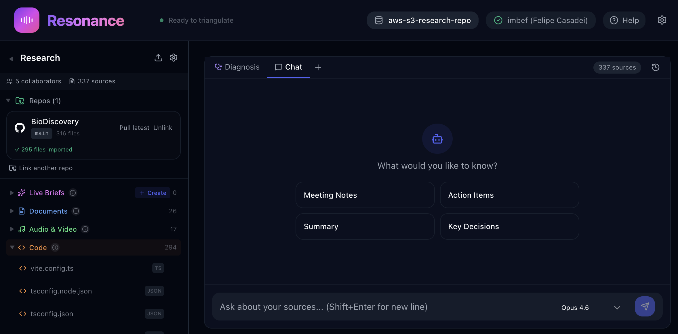 the resonance app: a project's sources in a left panel, with a chat that answers questions across them